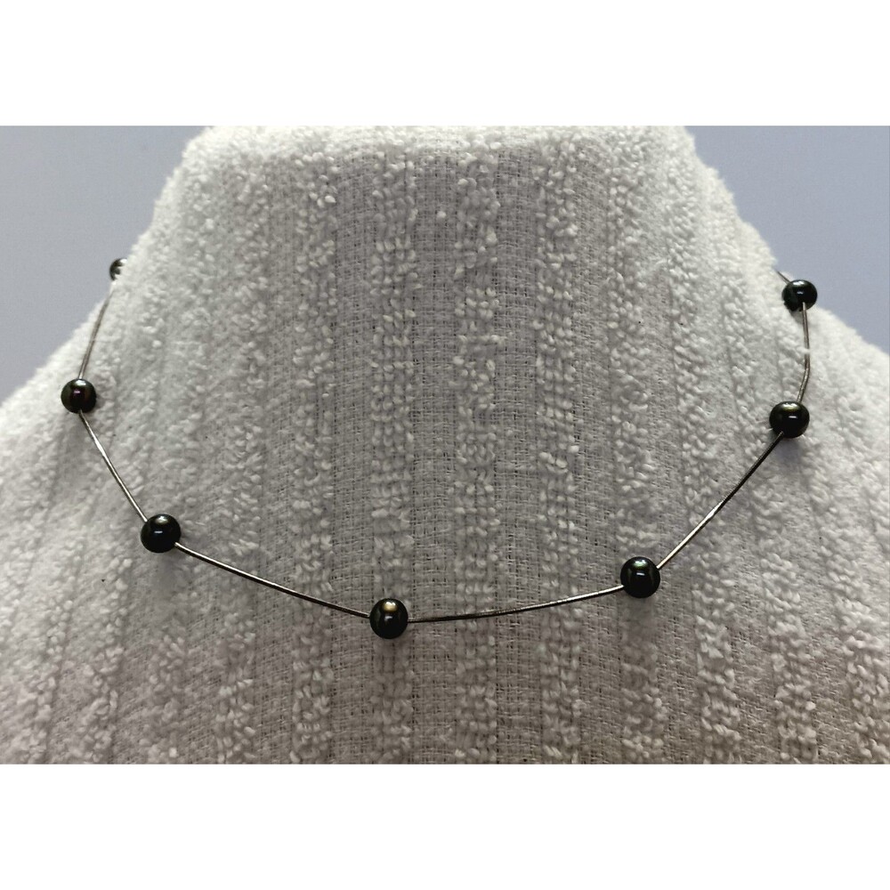 Vintage Sterling Silver Faux Pearl Snake Chain Station Necklace 17"